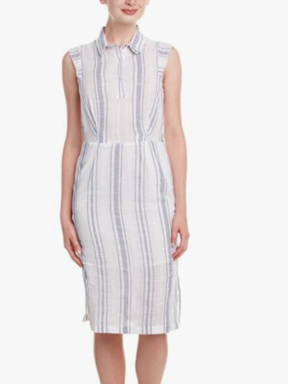 OLIVE & OAK Size Large White Dress with Blue Stripes Popover Lined Slub Cotton